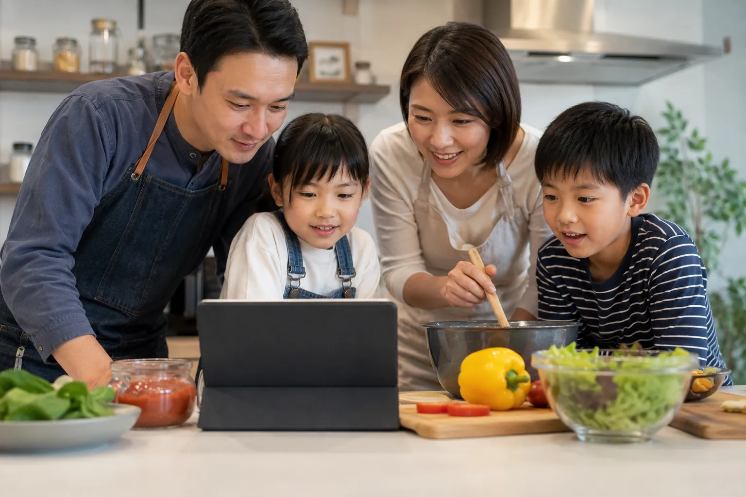 A family following a recipe on a tablet while cooking together